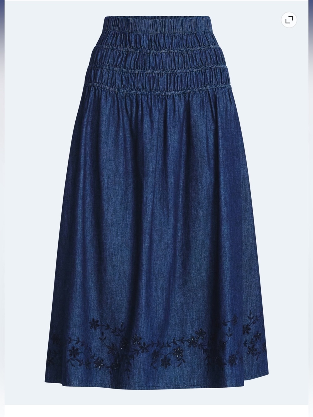 NWT Free Assembly Dark Wash Embroidered Maxi Skirt w/Smocked Waist, XXL (20)